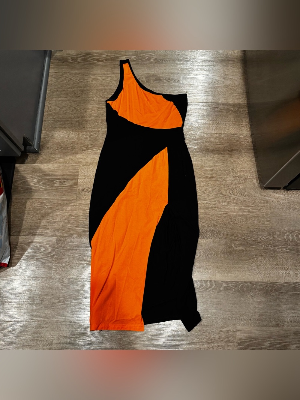 SHEIN One-Shoulder Black and Orange Colorblock Maxi Dress
